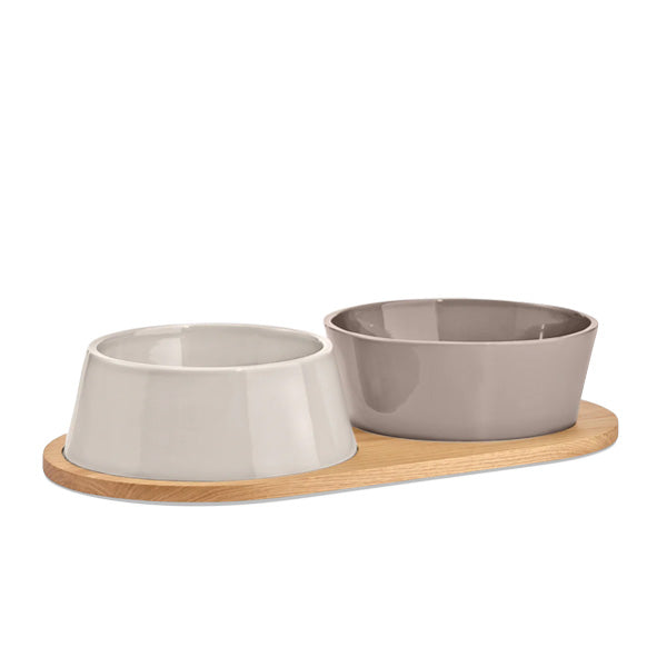 Miacara Doppio Dog Food & Water Bowls with Oak Tray