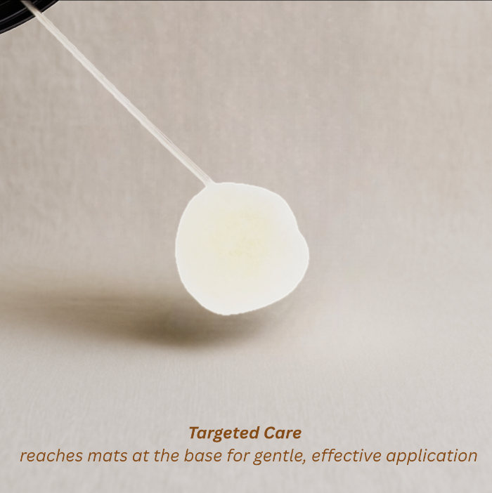 Close-up of a white applicator on a beige background with text about targeted care.