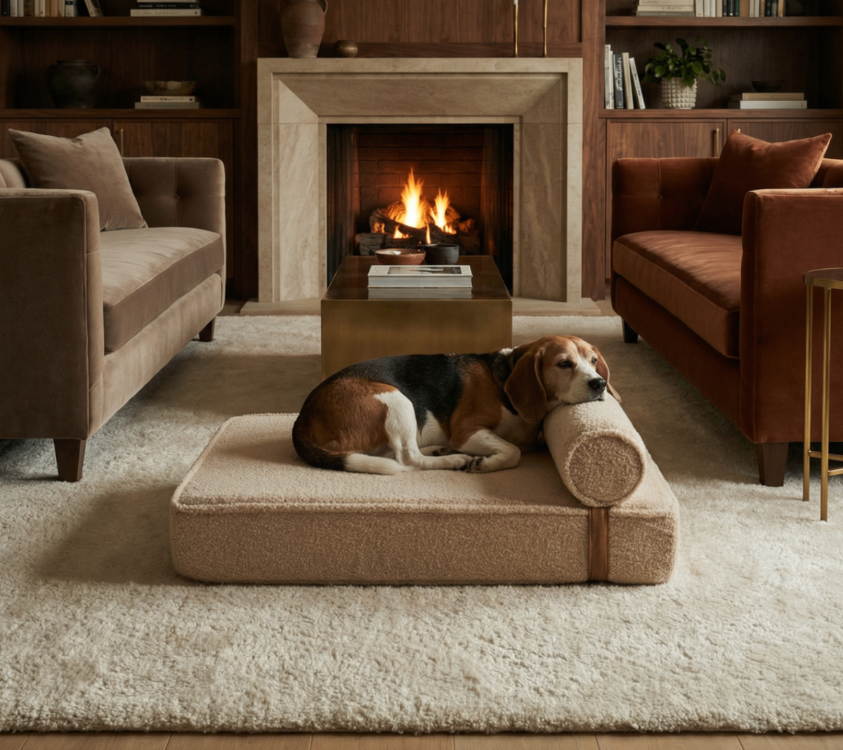 A cozy living room scene with a beagle dog resting on a beige pet bed in front of a fireplace. The room features dark wood built-in shelves, two upholstered sofas, and a large cream shag rug.