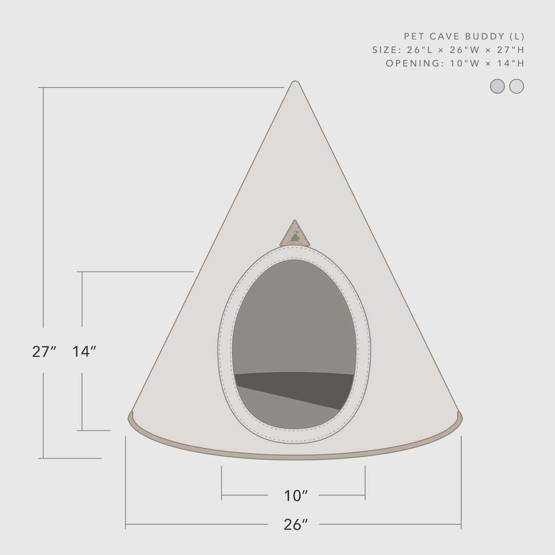 Triangular pet cave with dimensions on a white background