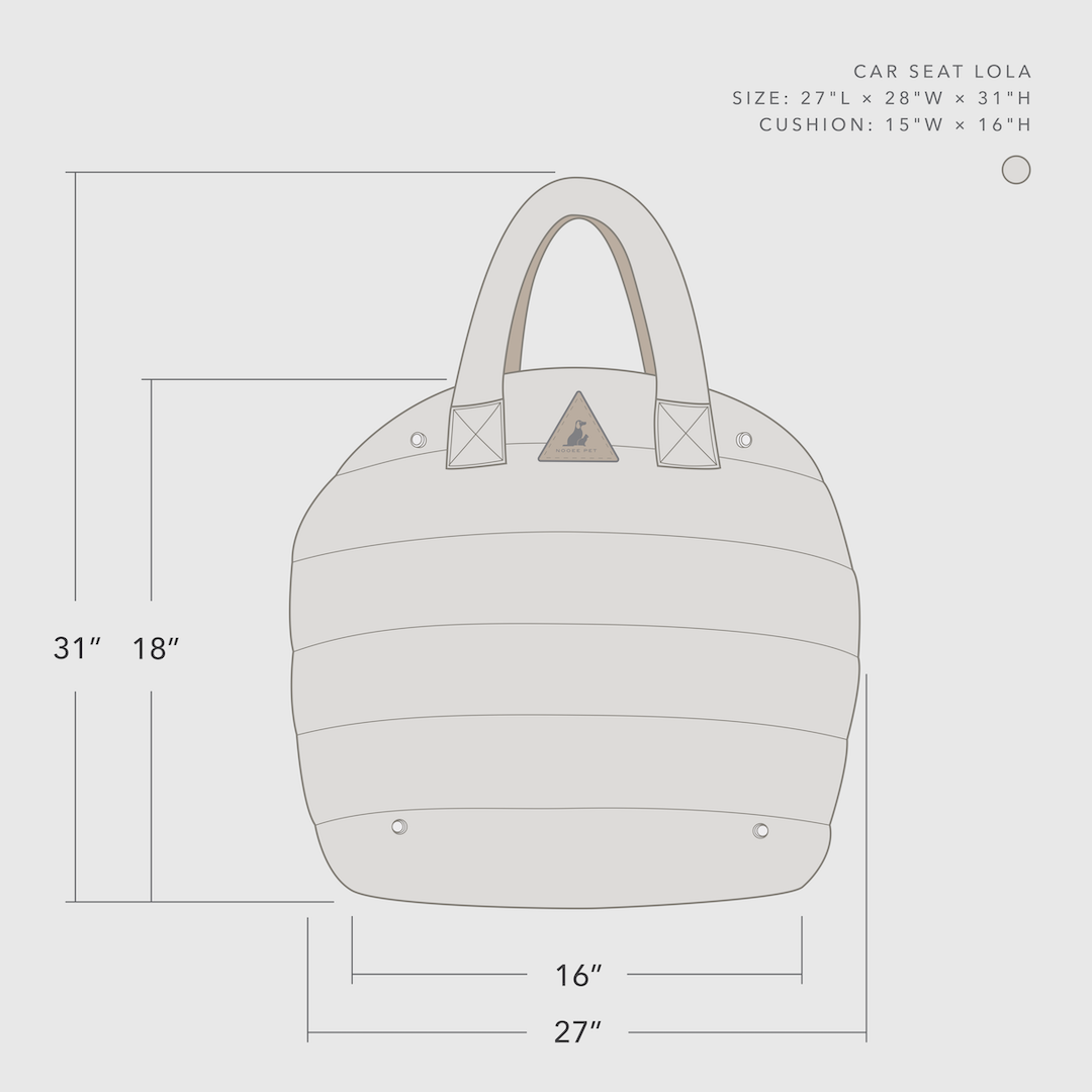 Measurement chart of a car seat Lola and pet travel bag with dimensions on a light gray background