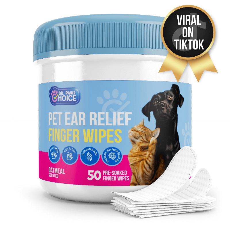 Jar of Pet Ear Relief Finger Wipes with a cat and dog illustration on a white background