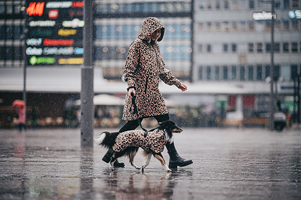 Paikka women's waterproof rain jacket with a matching Paikka dog coat