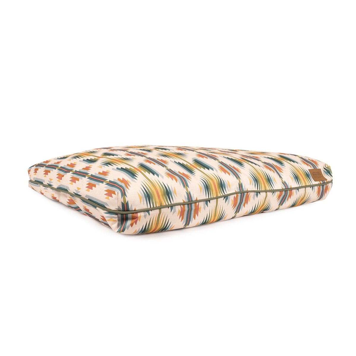 Rectangular dog cushion with a Pendleton pattern on a white background