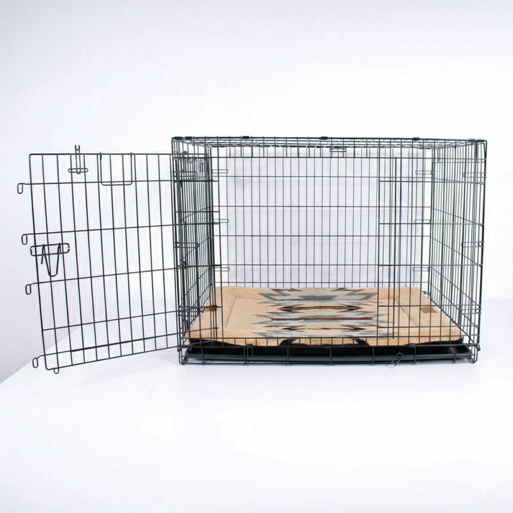 Stylish dog mat inside a dog crate as a comfortable pad.