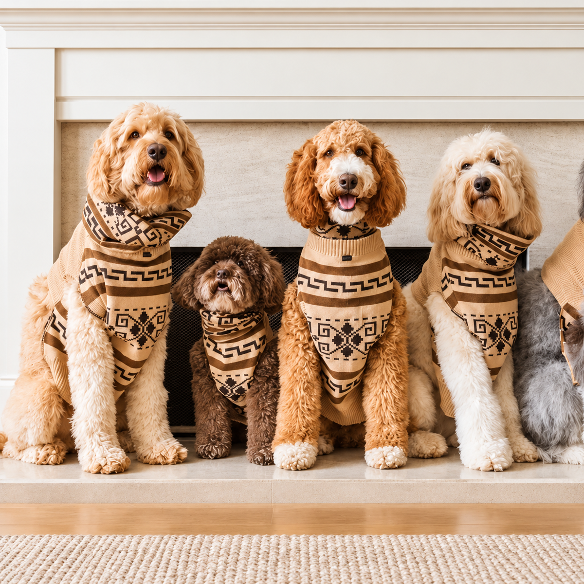 Golden doodles wearing Pendleton dog sweaters by a fireplace.