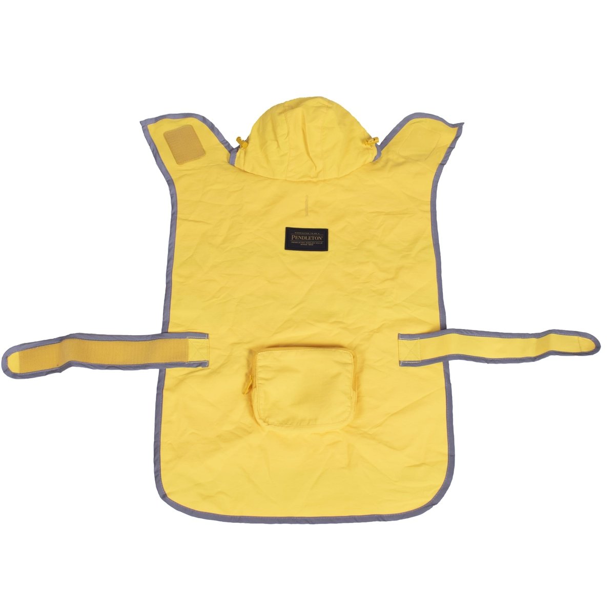 Yellow Pendleton dog rainjacket with gray reflective trim on a white background