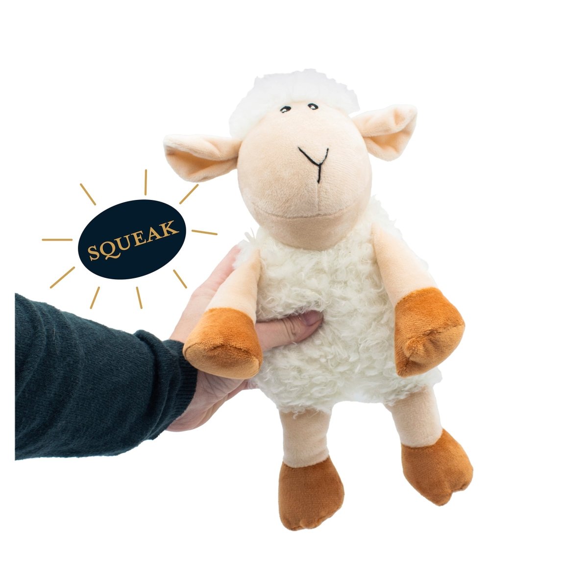 Plush lamb dog toy held by a hand with 'Squeak' branding on a white background