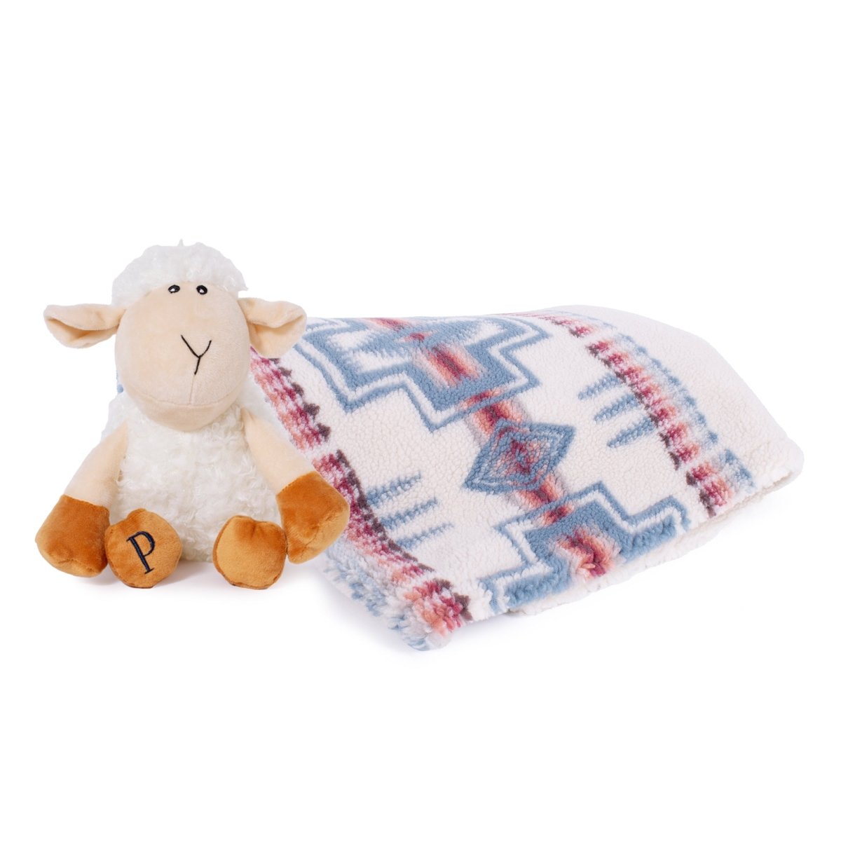 Plush lamb dog toy with a Pendleton patterned blanket on a white background