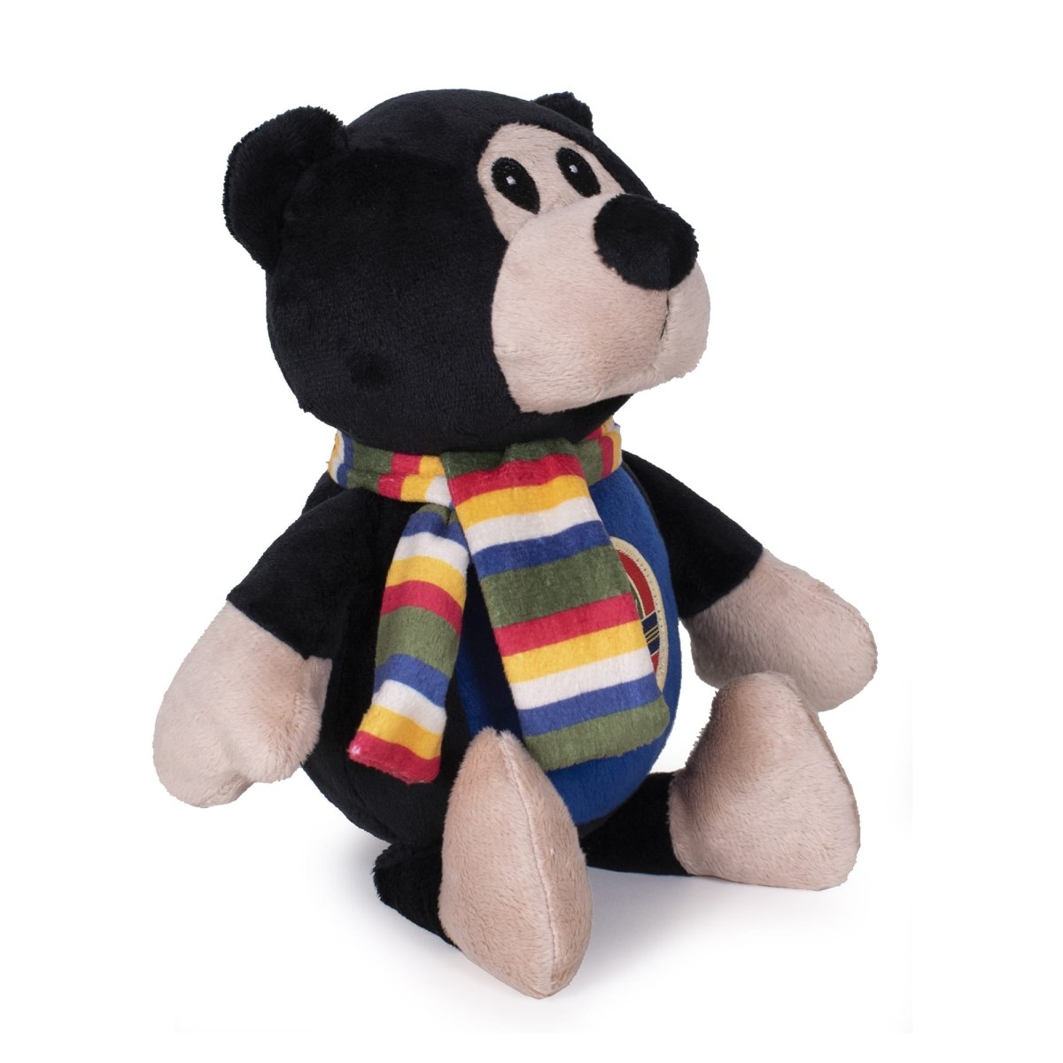 Pendleton plush bear dog toy, side view with striped scarf