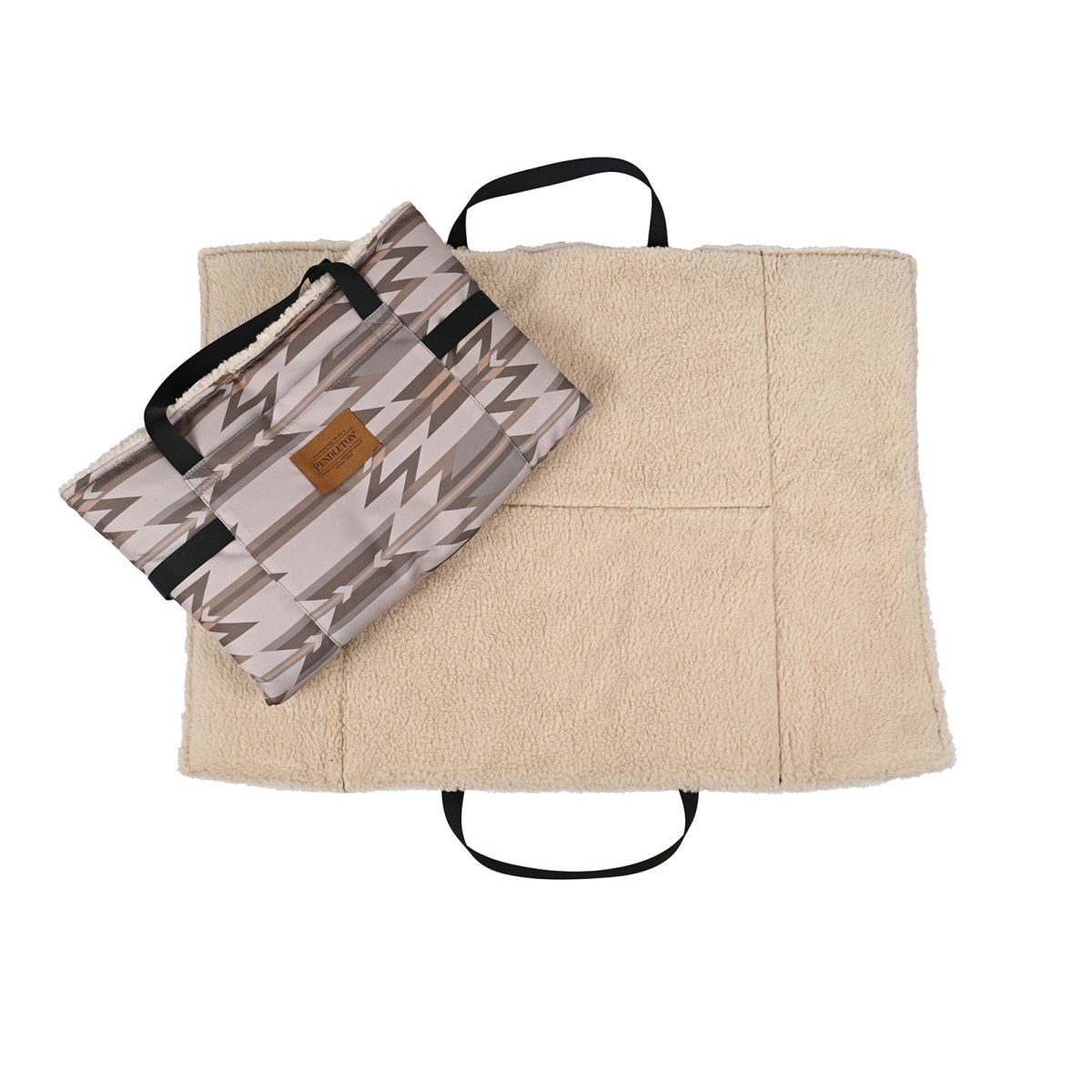 Beige Pendleton dog travel bed with patterned pouch 