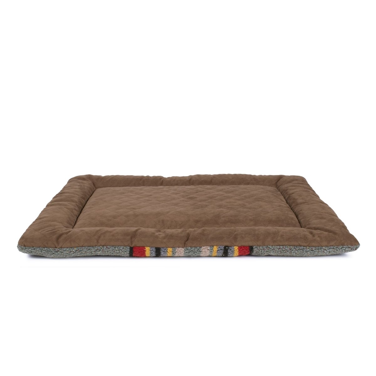 Brown pet bed with colorful stitching on a white background