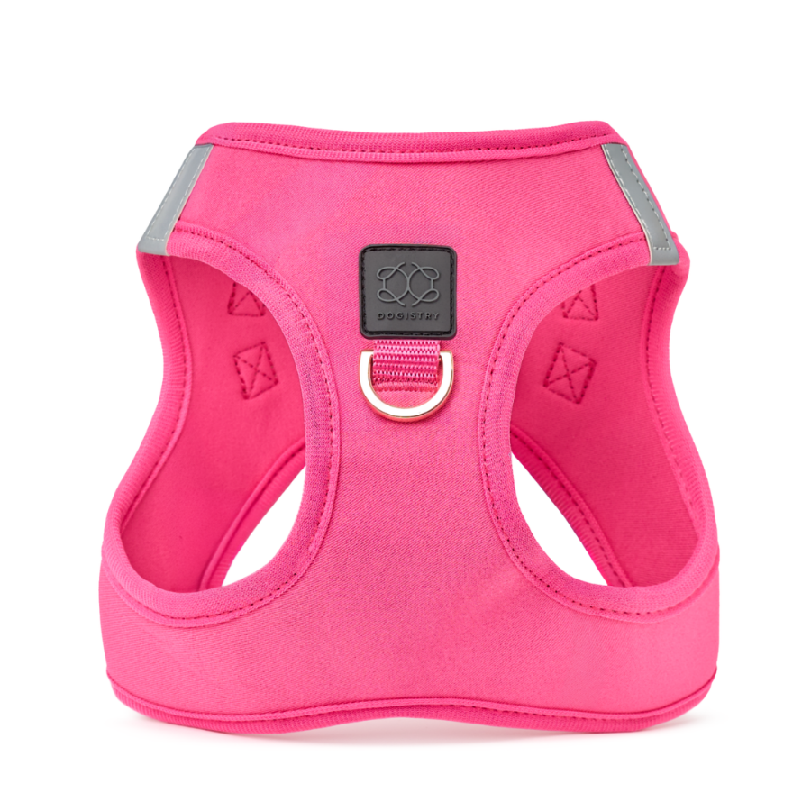 Pink female dog harness with a brand logo on a white background