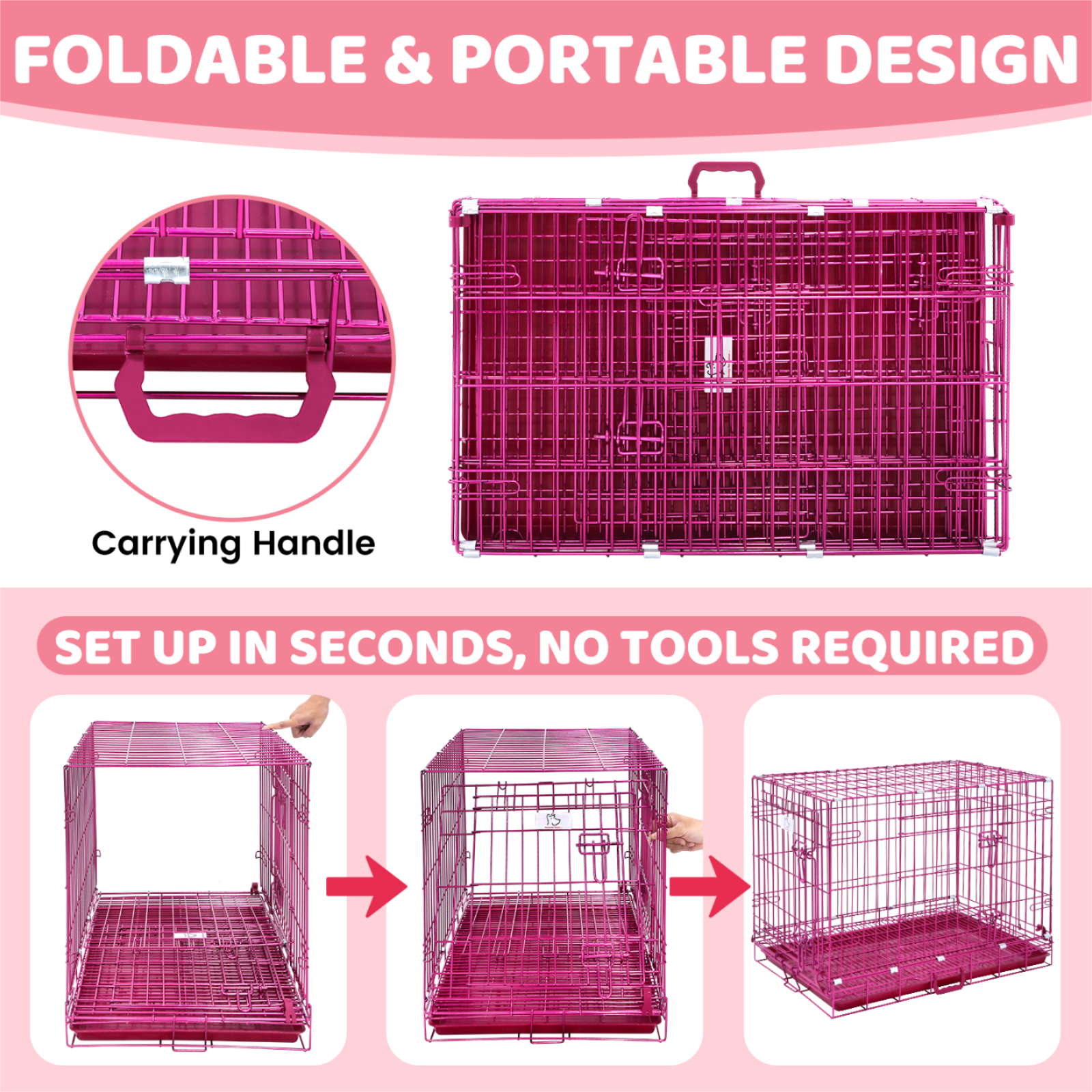 Collapsible Pink Dog Crate Small to XL Size Up to 42"