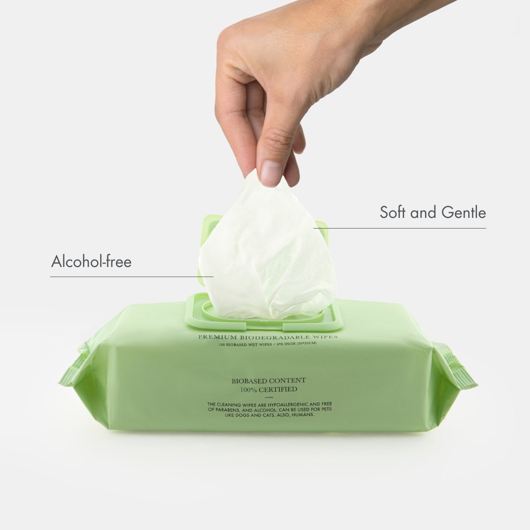 Hand pulling a wet dog wipe from a green packet of alcohol-free wipes on a white background