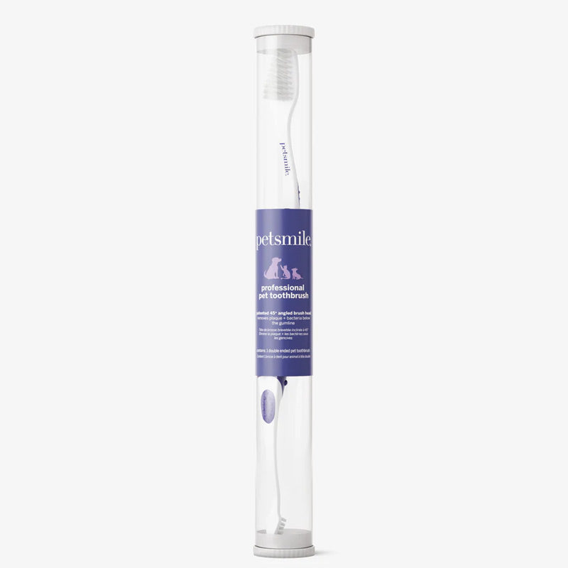 Pet toothbrush in a transparent tube with purple Petsmile label on a white background