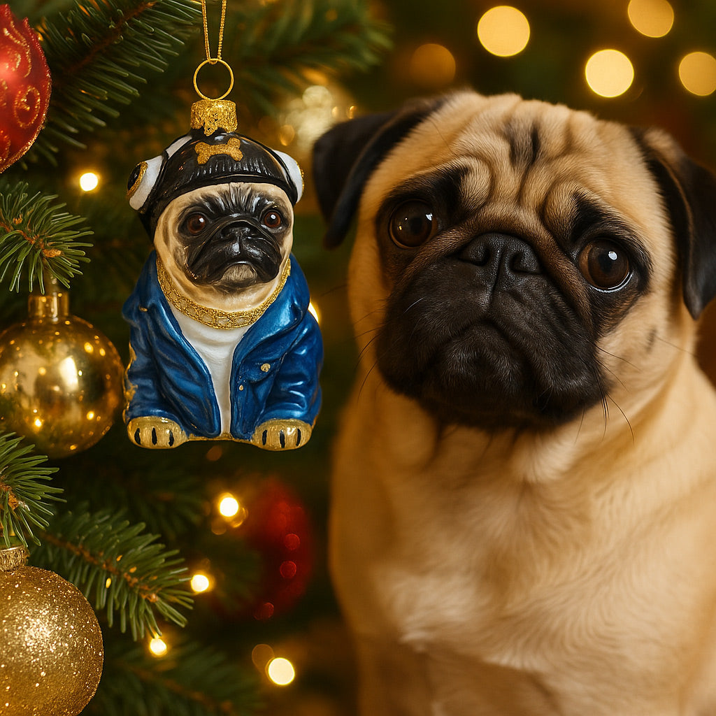 Pug dog next to a pug Christmas ornament on a decorated tree.