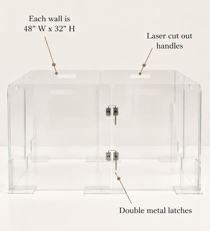 Clear acrylic dog pen with a door and double metal latches showing dimensions and features.