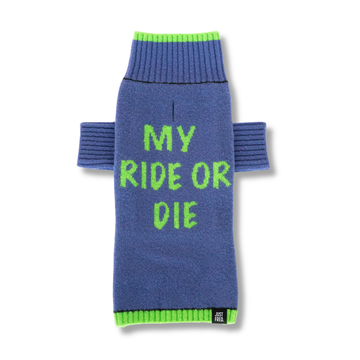 JUST FRED Ride or Die dog sweater in Purple Green, front flat lay