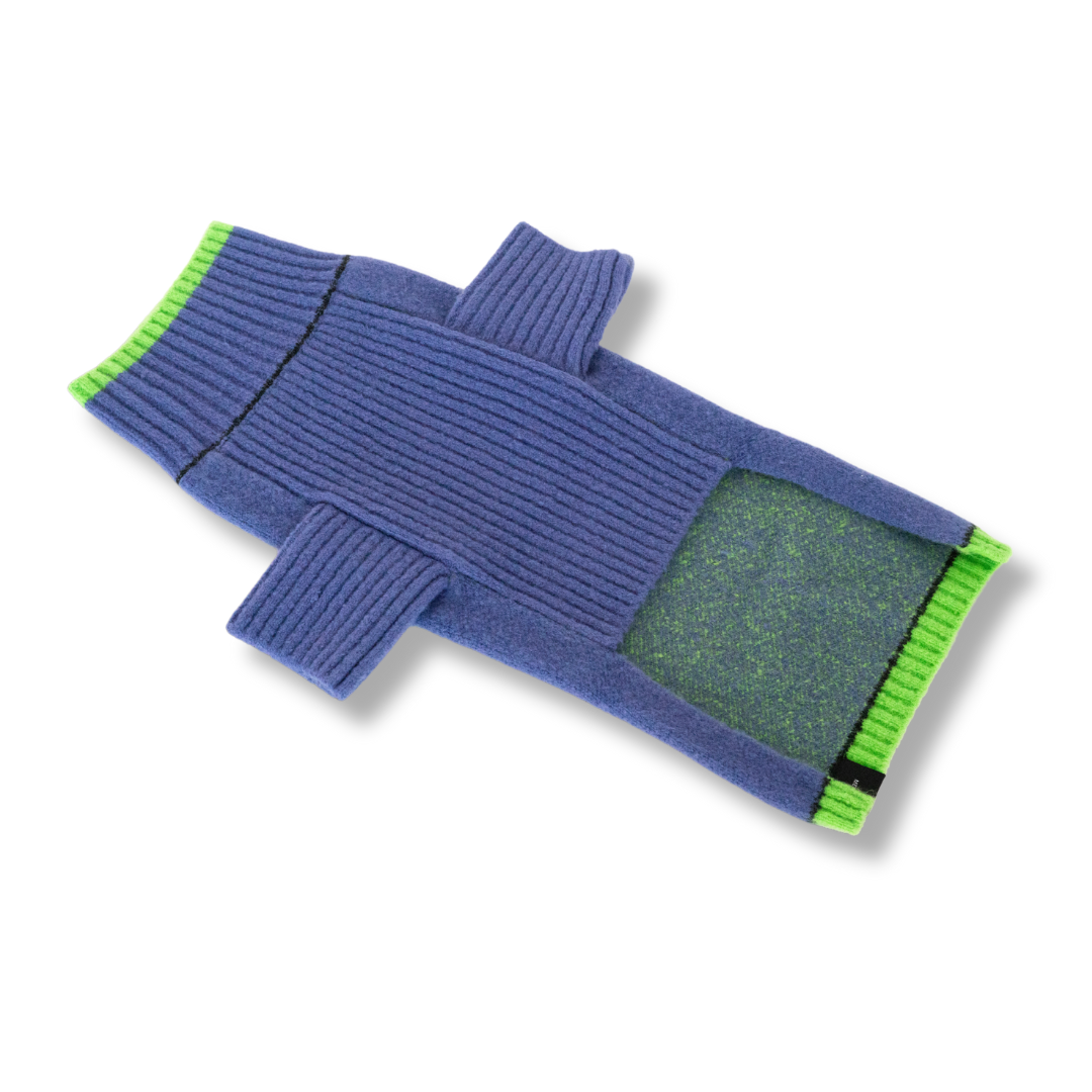 Underside of the Purple Green Ride or Die dog sweater showing the high-cut belly