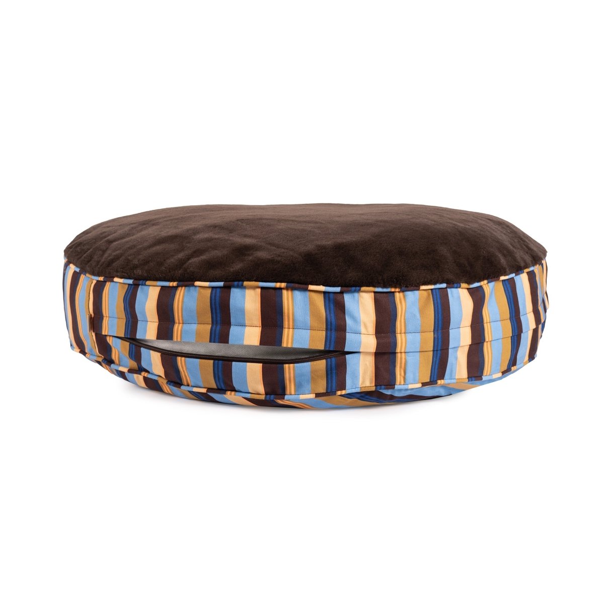 Round Pet Bed with Washable Faux Fur and Stripe Cover