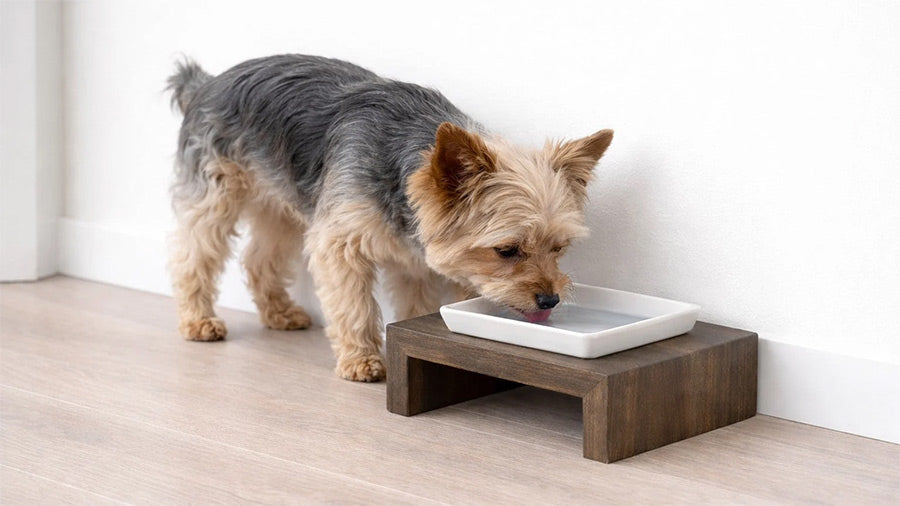 Small dog drinking water from ceramic bowl with wood stand 
