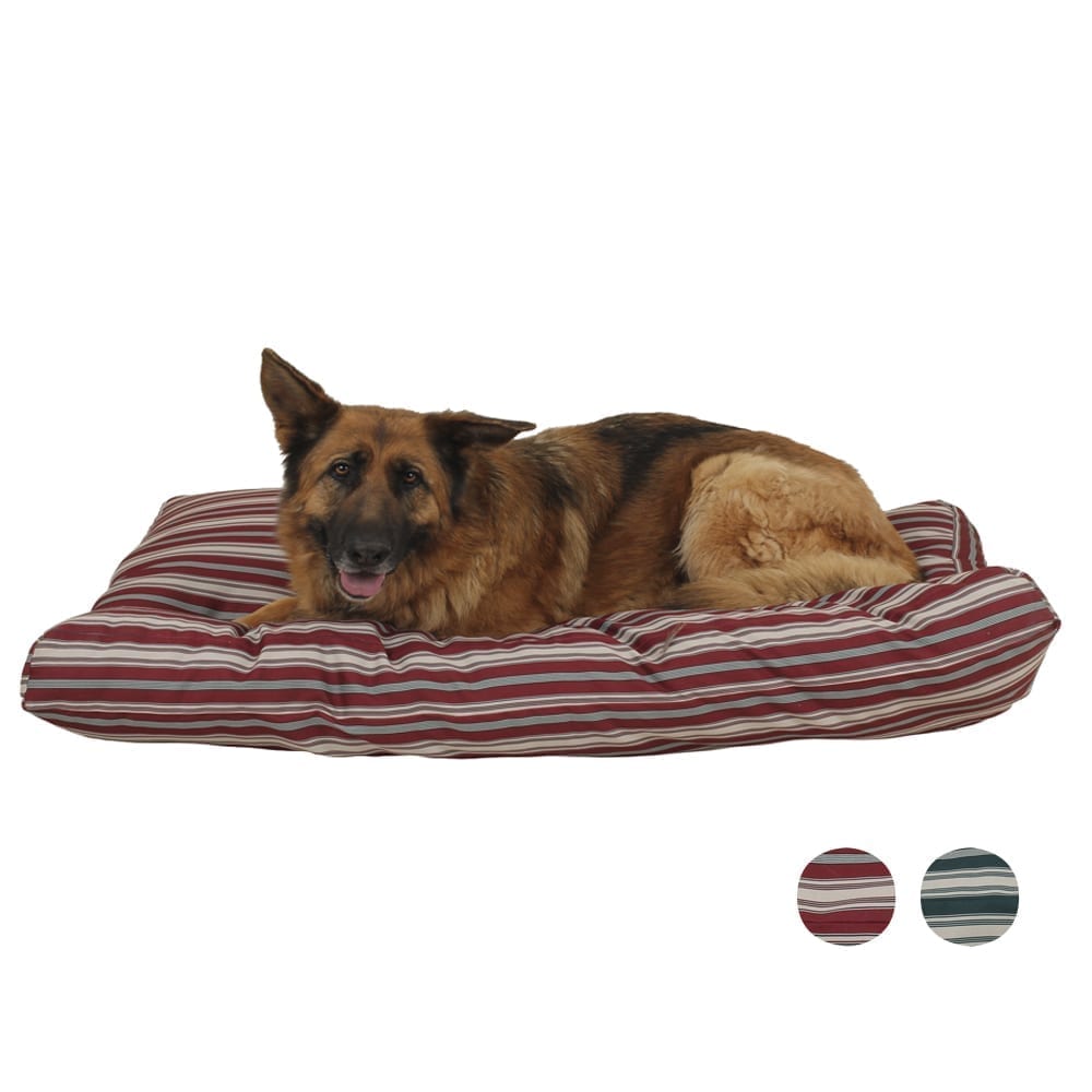 Large dog lying on a striped pet bed with color options displayed below.