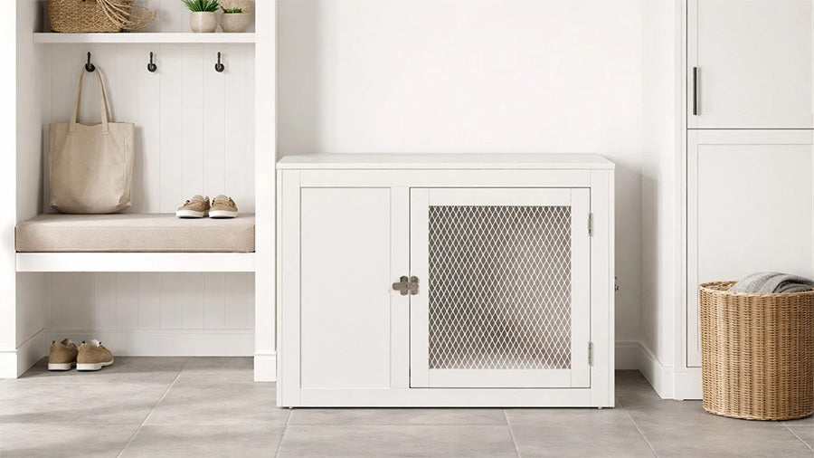 A white stylish wooden dog crate by Bowsers Fresco
