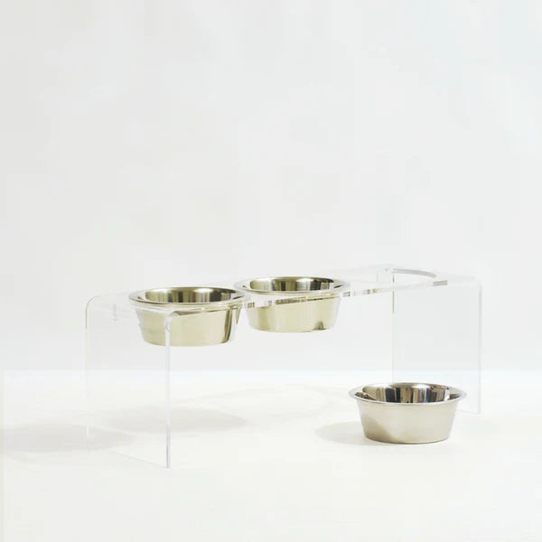 Three bowl elevated dog feeder with acrylic stand and lead-free stainless steel bowls