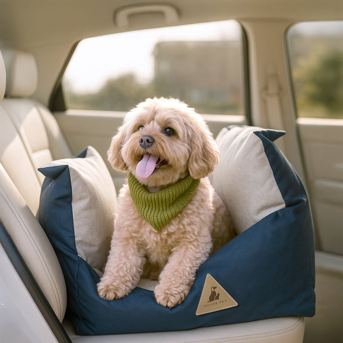 Small dog in plush booster seat with safety tether