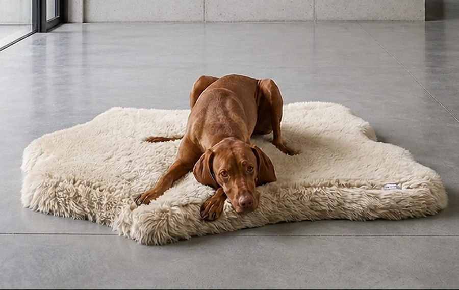 Dog lying on a fluffy beige rug style dog bed in a modern indoor setting