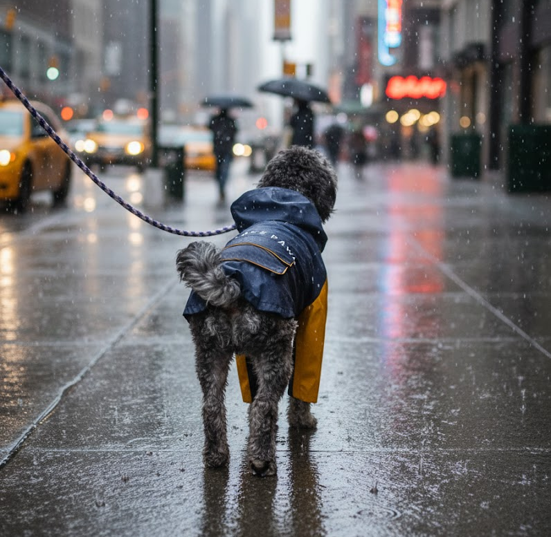Dog in a raincoat walking on a city street during rain