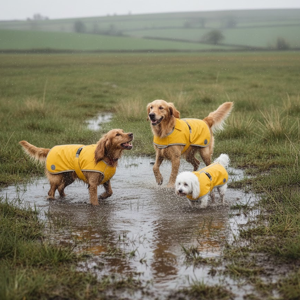 Three dogs in yellow raincoats walking through a field with puddles. Copyrights image