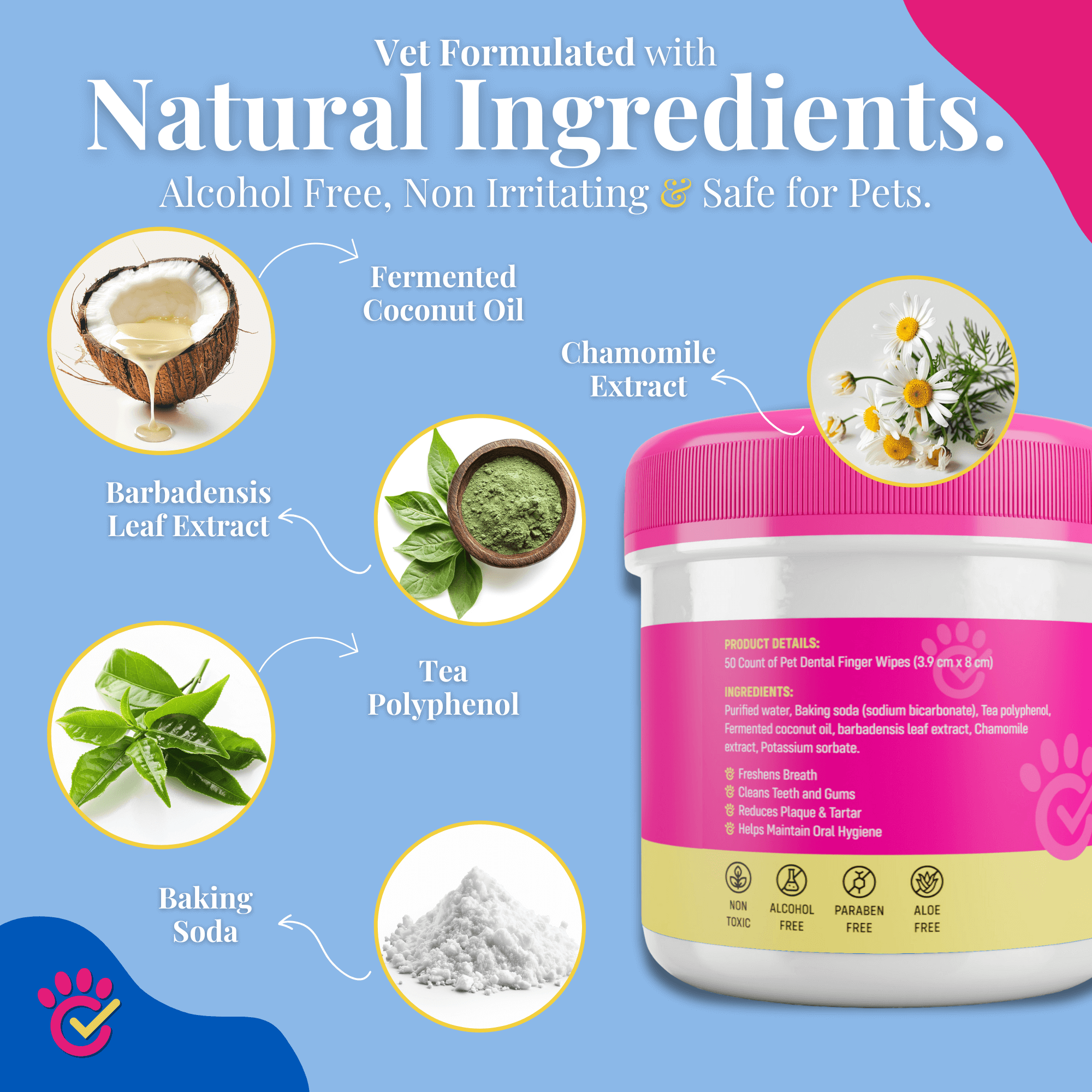 Product packaging with natural ingredients listed on a blue background