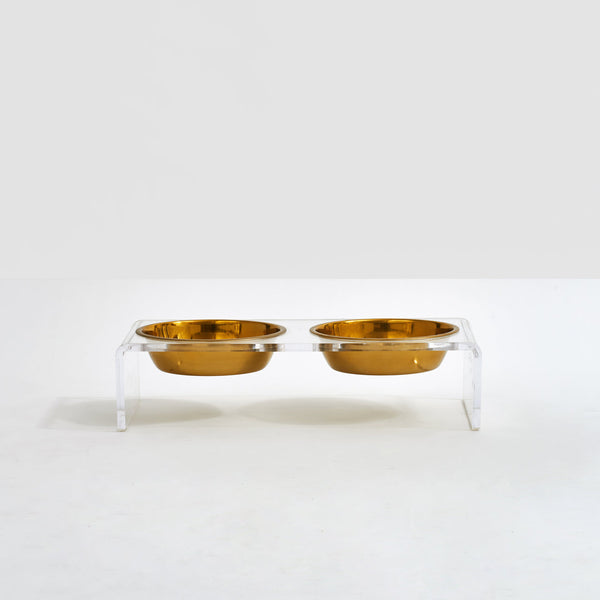 Double acrylic pet feeder with gold bowls