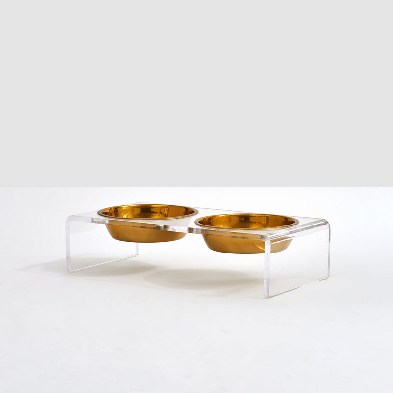 Acrylic pet feeder with two gold bowls