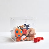 Clear acrylic pet food storage bin with pet toys inside