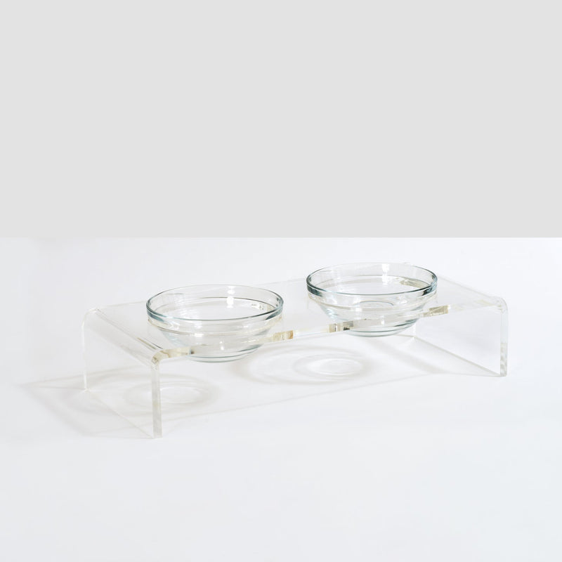clear acrylic dog feeder with stand and two bowls