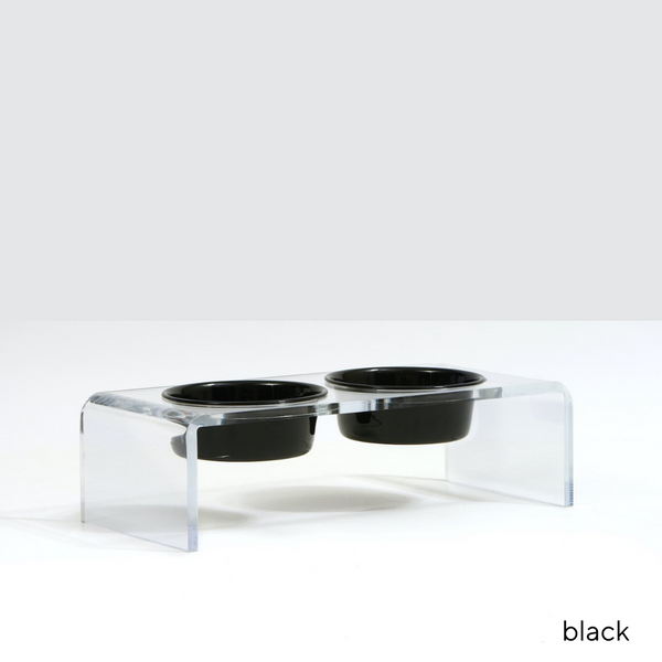 Clear acrylic raised pet feeder with black bowls from Hiddin