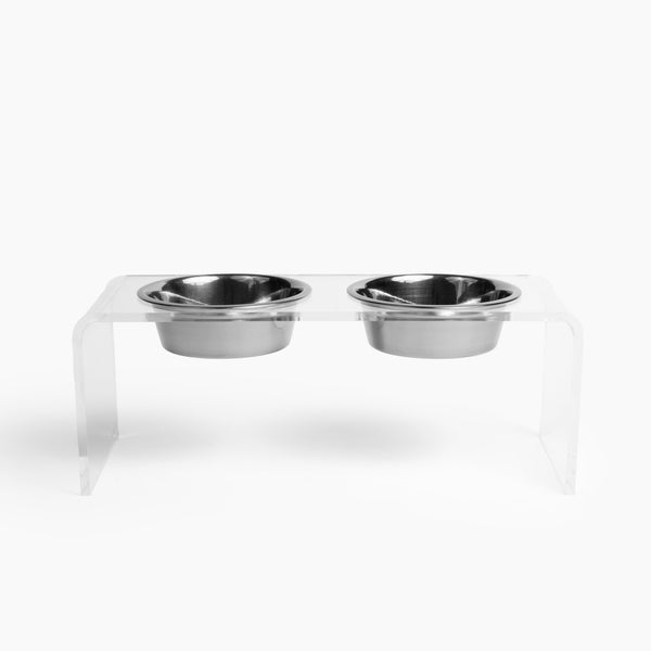 Medium Height Double Dog Bowl Feeder with Silver Stainless Steel Bowls & Acrylic Stand