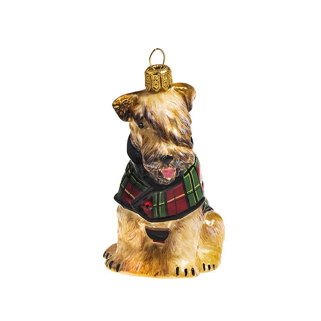Soft Coated Wheaten in Tartan Plaid Coat Glass Dog Ornament