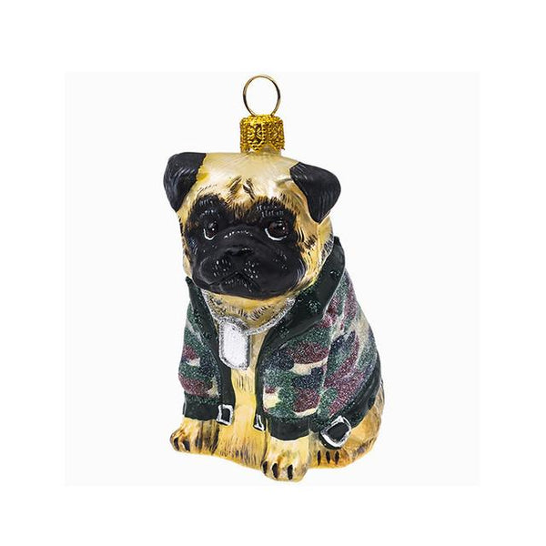 Fawn Pug Ornament in Camouflage Jacket from Joy To The World