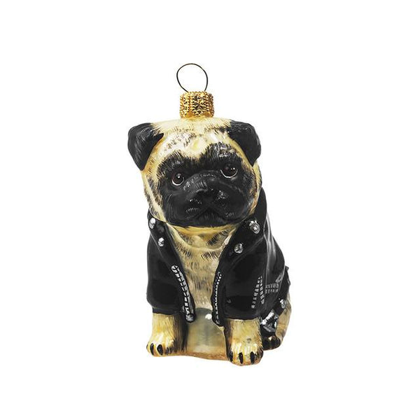 Fawn Pug Ornament in Motorcycle Jacket from Joy To The World