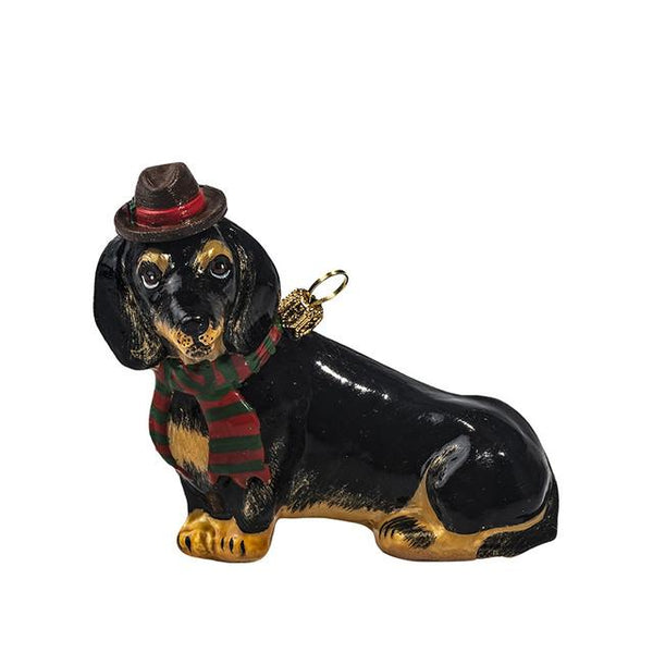 Dachshund Ornament in a Fedora with Scarf