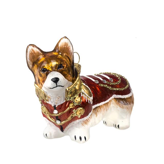 Joy To The World Corgi Ornament in Vintage Military Coat