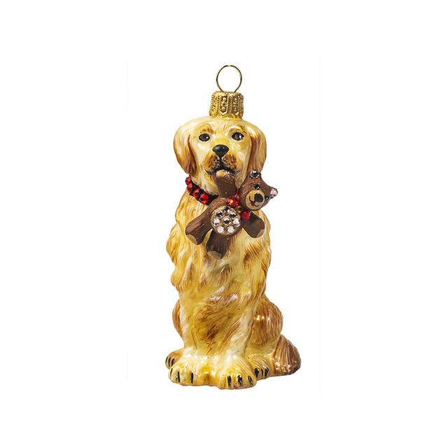 Golden Retriever Ornament Holding a Teddy Bear from Joy To the World.