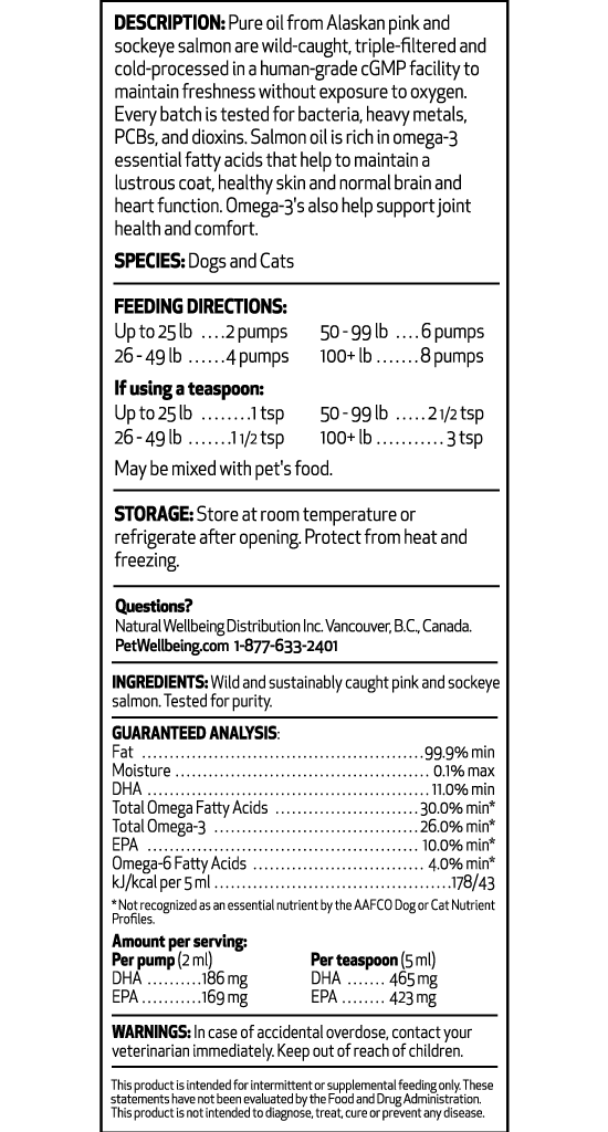 Pets Wellbeing Ingredients for Wild Alaskan Salmon Oil Pet Supplement.
