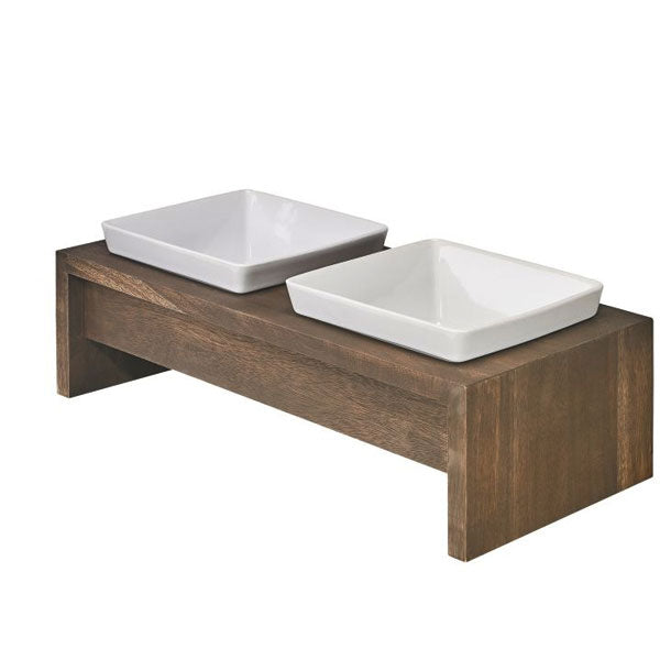Artisan Double Bowl Dog Feeder With Walnut Wood Stand