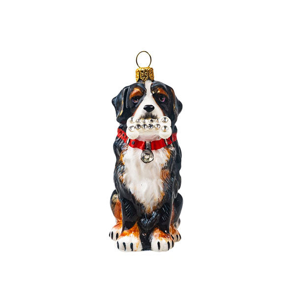 Bernese Mountain Dog Ornament with Crystal Dog Bone, Joy To The World