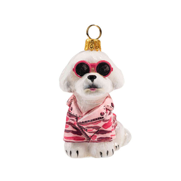 Bichon Frise Ornament in Pink Camo Jacket & Sunglasses